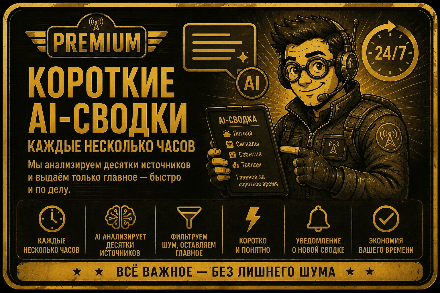 Короткие AI-сводки каждые несколько часов — главное без лишнего шума.