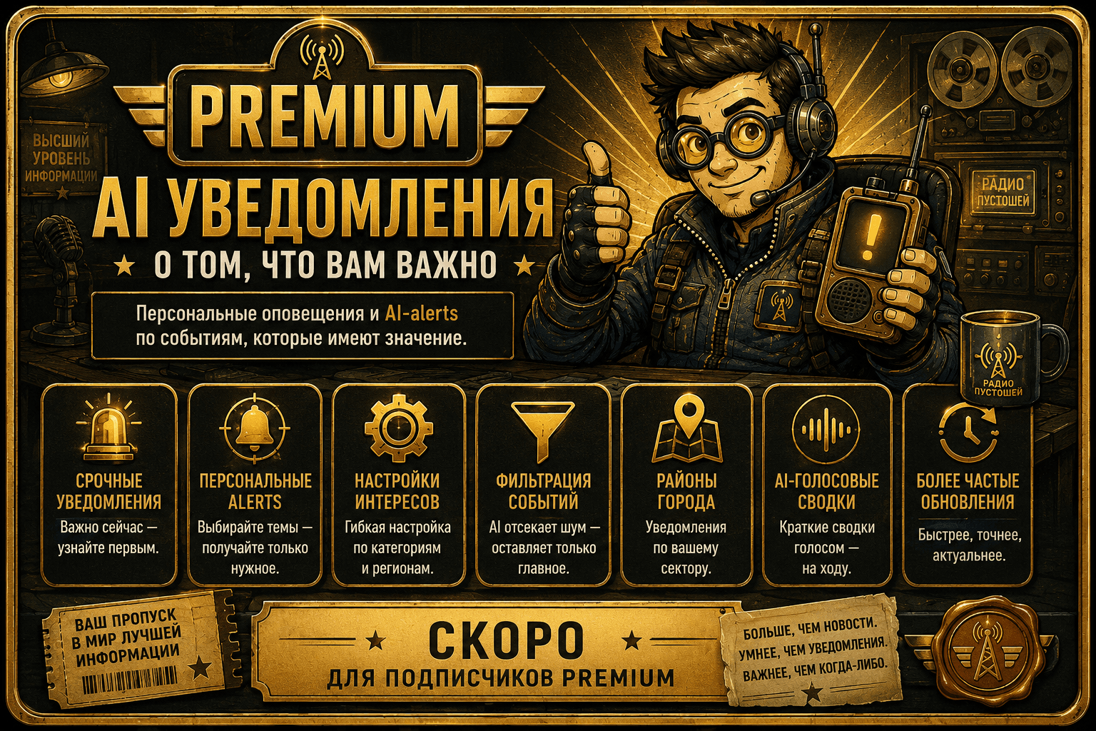 Premium: AI-уведомления о том, что вам важно. Персональные alerts, фильтры, районы города, голосовые сводки. Скоро.