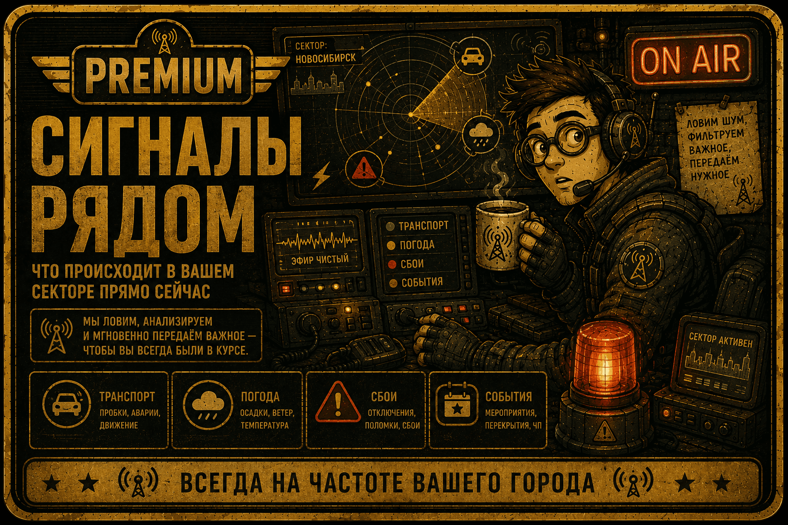 Сигналы рядом — что происходит в вашем секторе прямо сейчас: транспорт, погода, сбои, события.